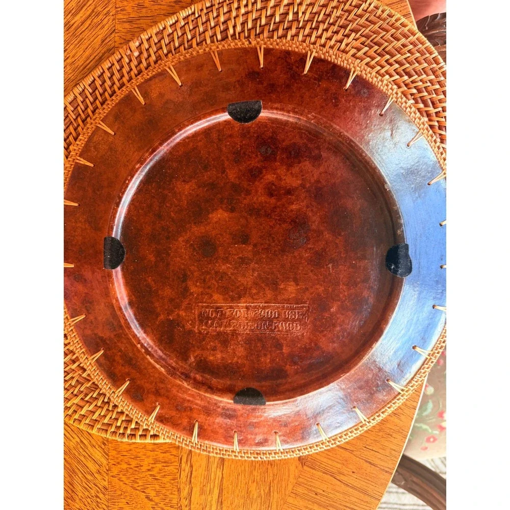 Vintage Faux Tortoise Decorative Charger Plate Woven Rattan Rim 14